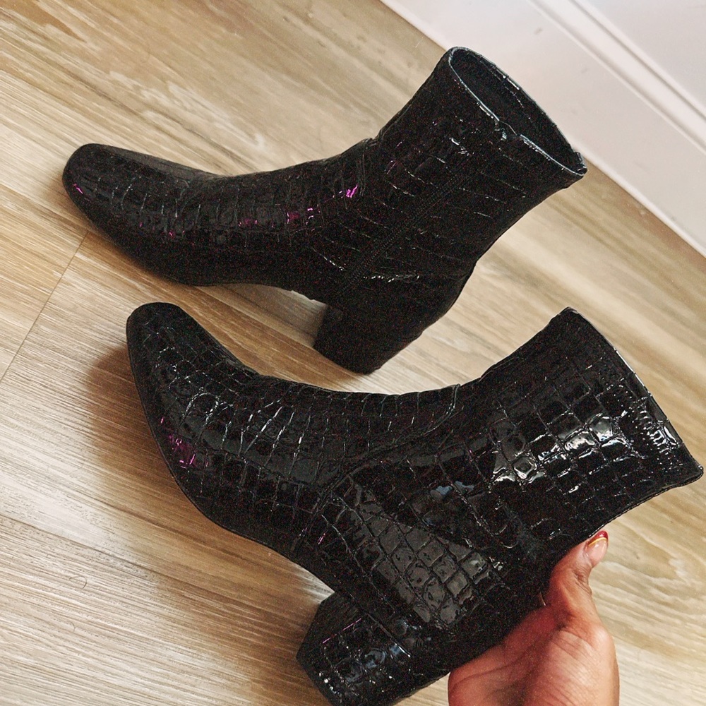 Black Croc-Embossed Leather Ankle Boots